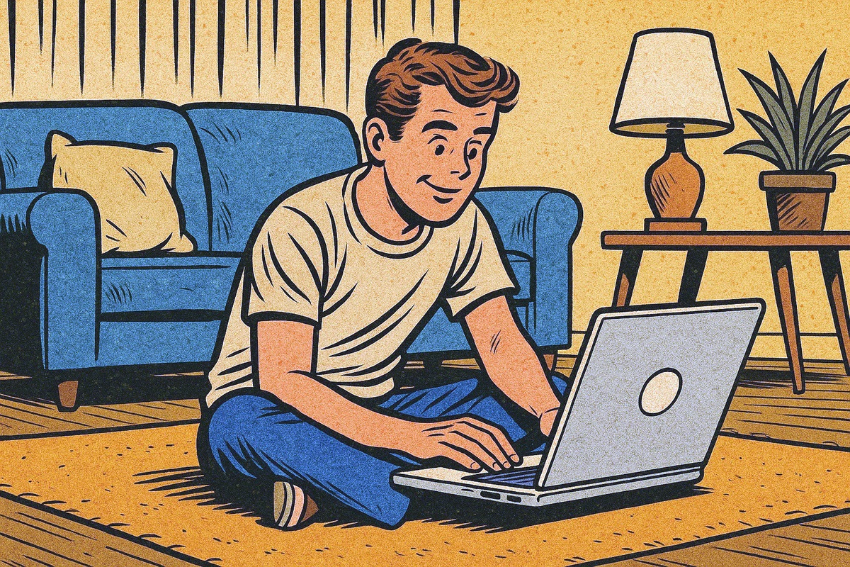 Un graphiste entrepreneur à ses débuts, travaillant sur son ordinateur portable dans son salon.