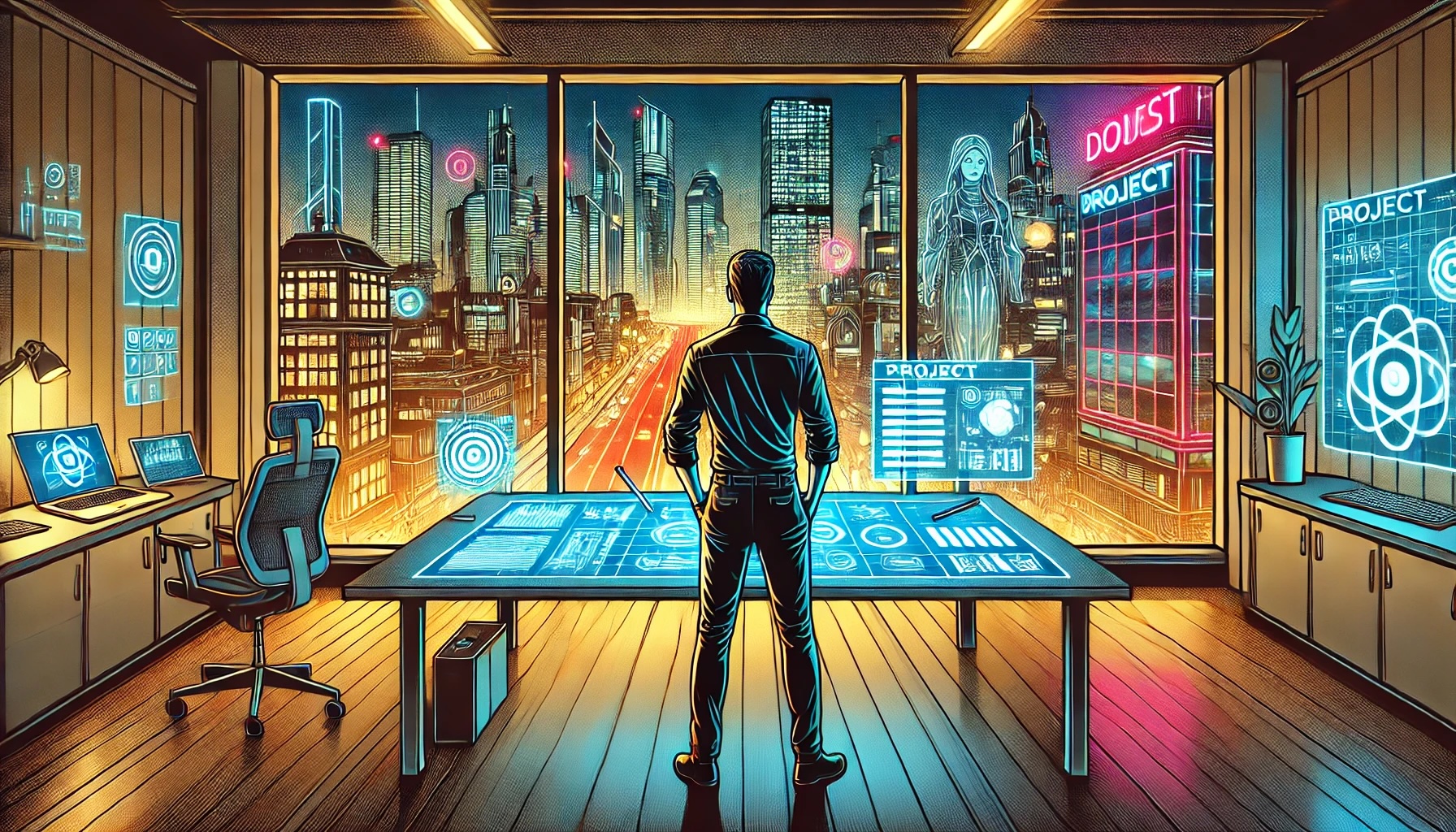 Gestionnaire de projet devant un tableau numérique dans un bureau futuriste.