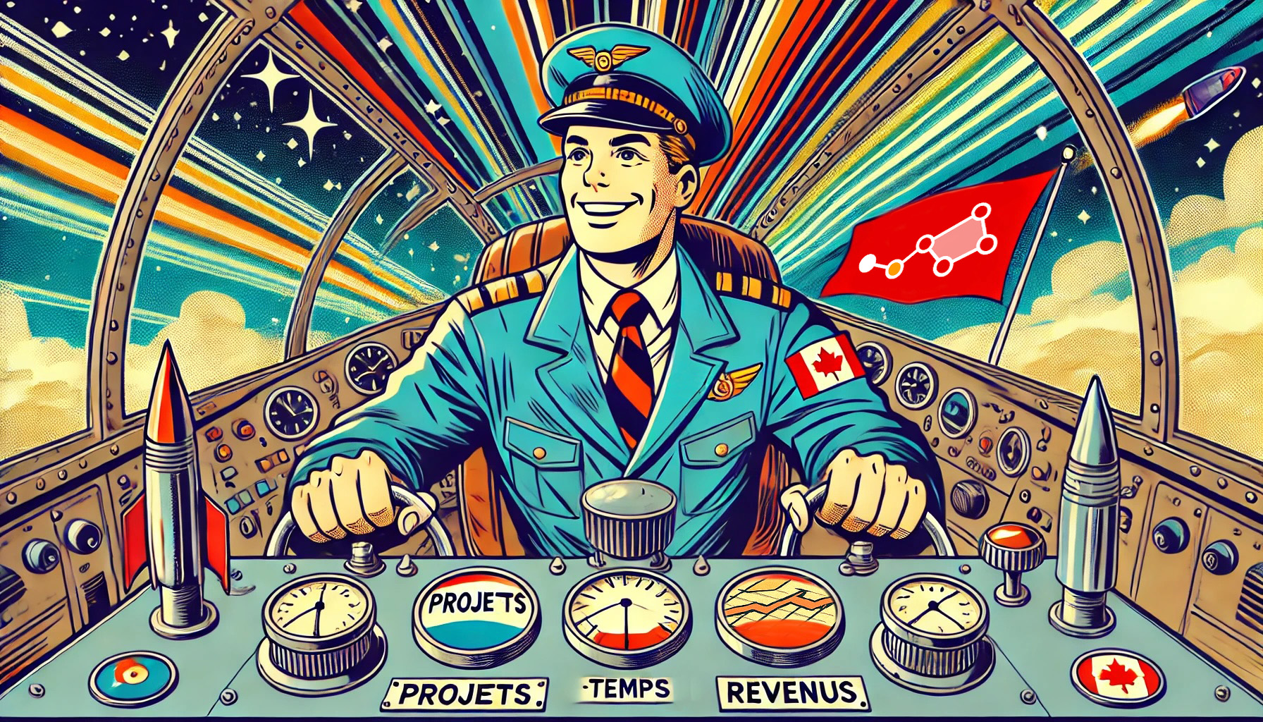 Pilote souriant dans un cockpit de fusée rétro avec cadrans en français « Projets », « Temps », « Revenus » et un drapeau canadien sur l’épaule, en illustration BD vintage, symbolisant la planification et la croissance professionnelle.