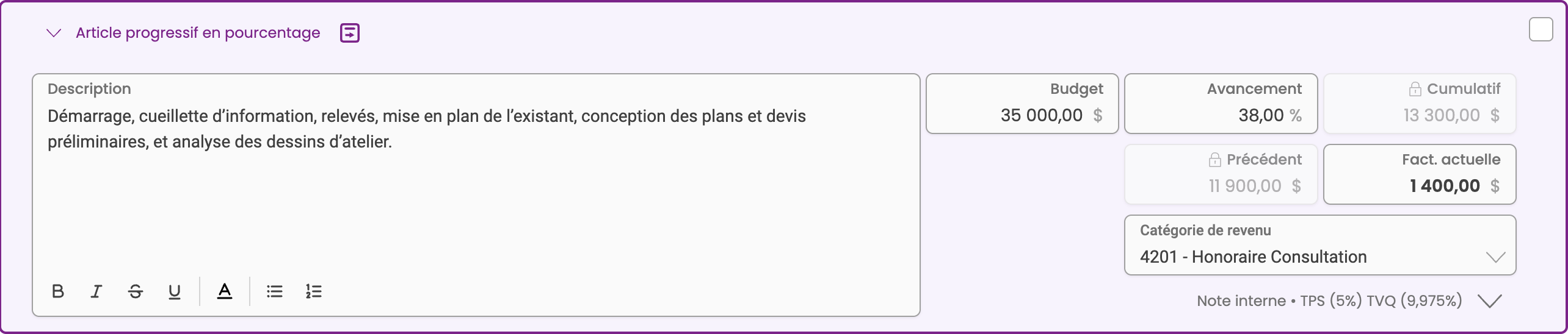 Capture d’écran de l’interface Casserole.pro montrant la nouvelle fonctionnalité de facturation progressive par pourcentage d’avancement