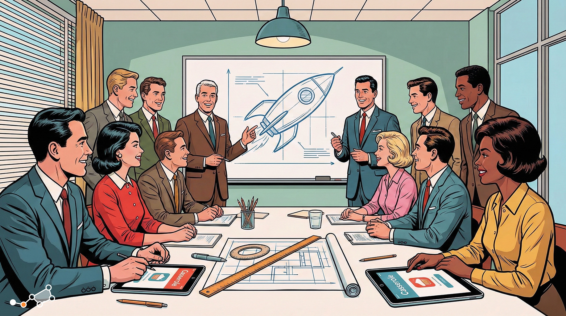 Équipe en réunion utilisant un logiciel feuille de temps sur tablette pour planifier la réussite d’un projet.