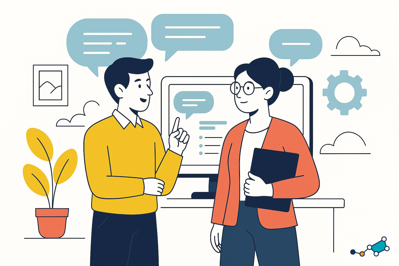 Deux professionnels en discussion sur leur expérience avec un logiciel de gestion adapté aux entreprises de services comme les agences de communication et les cabinets de conseil.