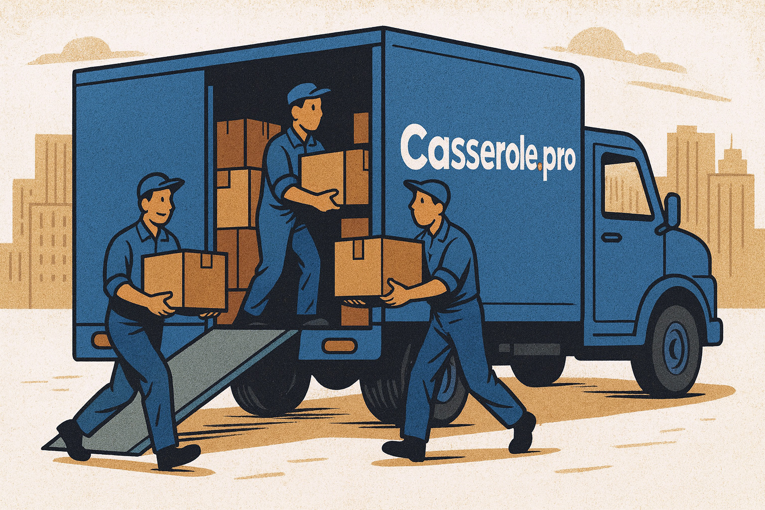 Illustration d’un camion de déménagement aux couleurs de Casserole.pro, représentant la migration gratuite et le transfert simple des données.
