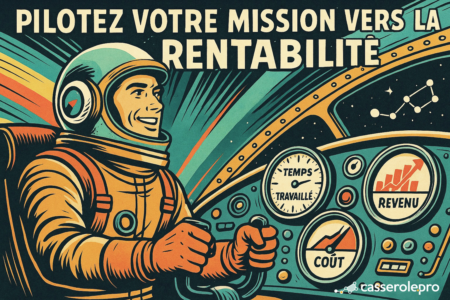 Pilote d’une fusée observant les indicateurs de temps, coûts et revenus — pilotez la rentabilité de votre entreprise avec Casserole.pro.