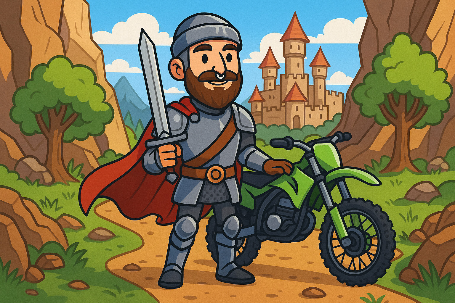 Illustration de Raphaël, développeur frontend de Casserole.pro, en chevalier moderne avec sa motocross — clin d’œil à sa créativité et son esprit d’équipe.