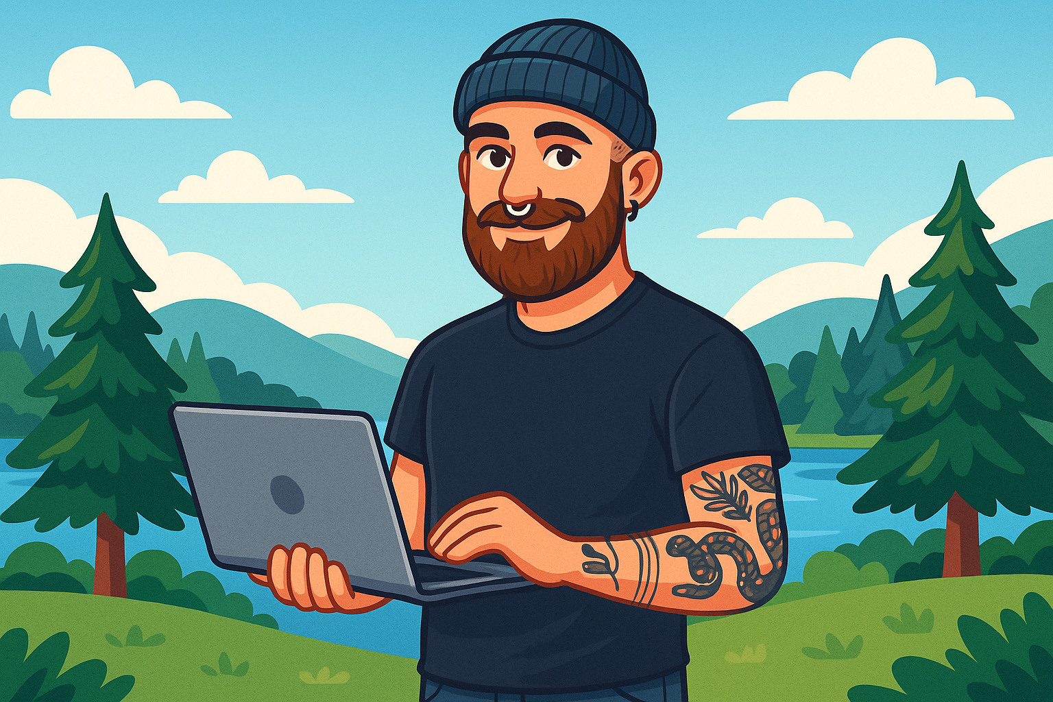 Raphaël, développeur frontend de Casserole.pro, travaillant sur son portable devant un lac au Québec — logiciel de gestion moderne et local.