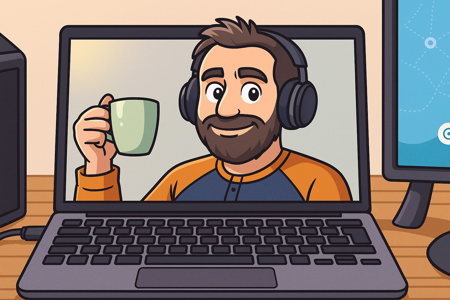 Simon, designer UX/UI de Casserole.pro, en visioconférence avec un café — logiciel de gestion québécois