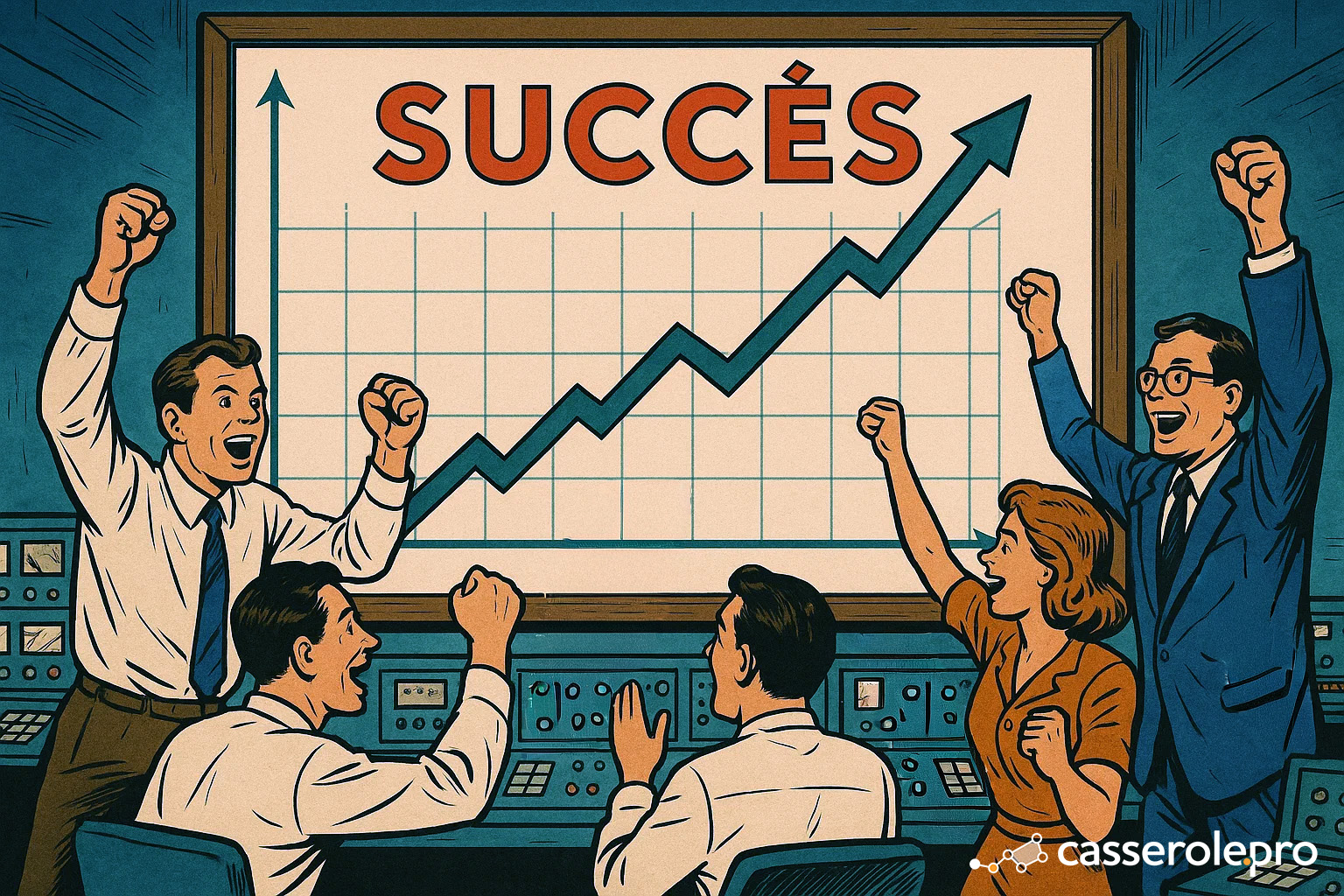 Illustration style BD rétro d’une équipe au centre de contrôle célébrant devant un écran géant affichant un graphique de rentabilité en hausse et le mot SUCCÈS.