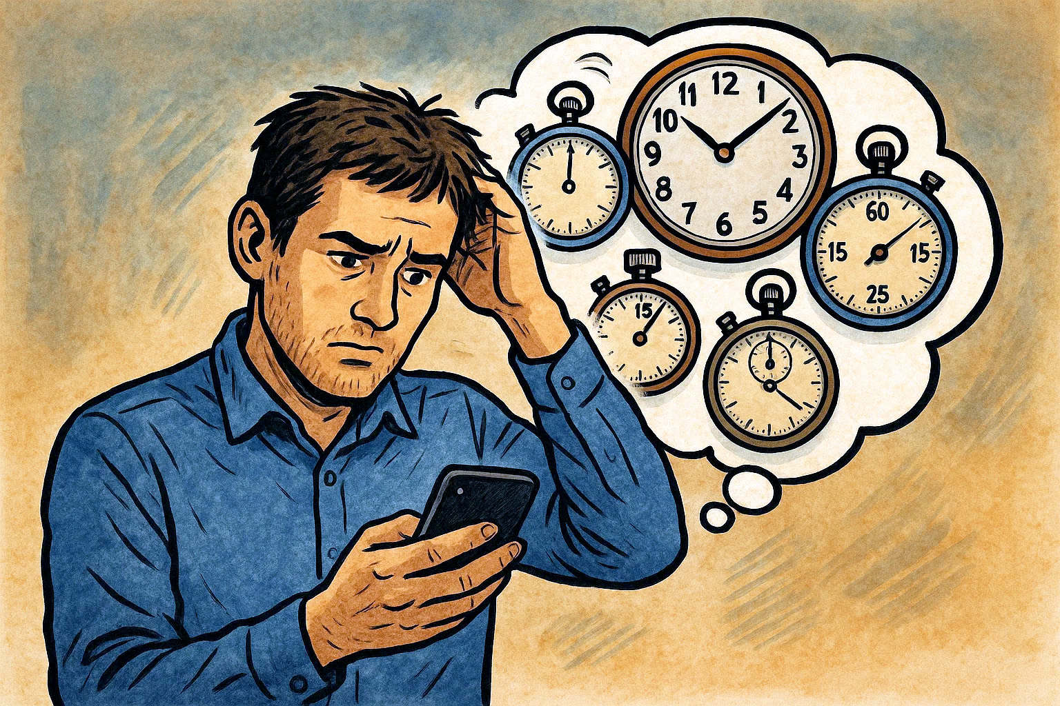 Employé débordé cherchant à organiser son temps de travail dans un bureau désordonné