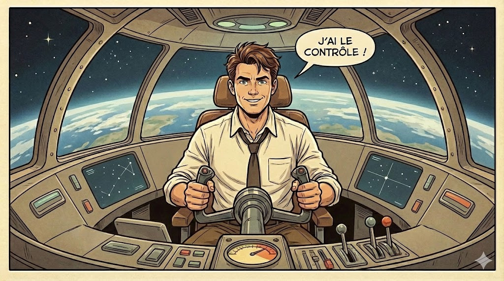 Pilote aux commandes d’un vaisseau spatial vintage utilisant un logiciel tout-en-un pour garder le contrôle sur ses opérations.