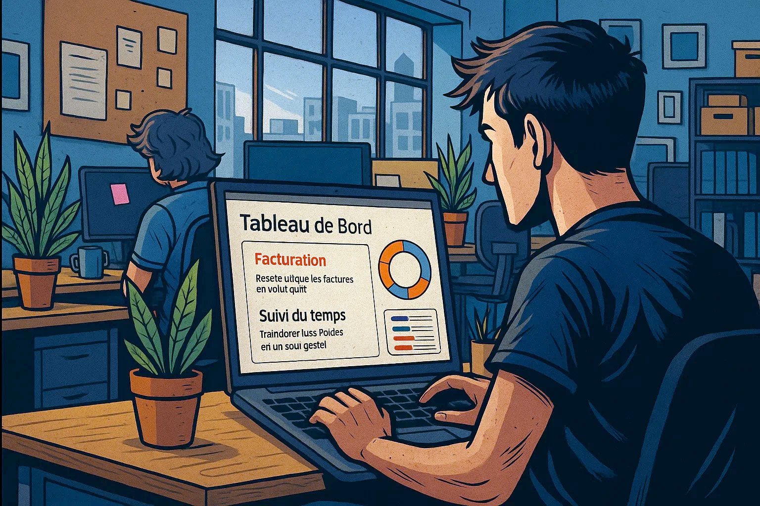 Interface de tableau de bord Casserole.pro montrant facturation et suivi du temps, symbole d’un outil tout-en-un de gestion d’entreprise.