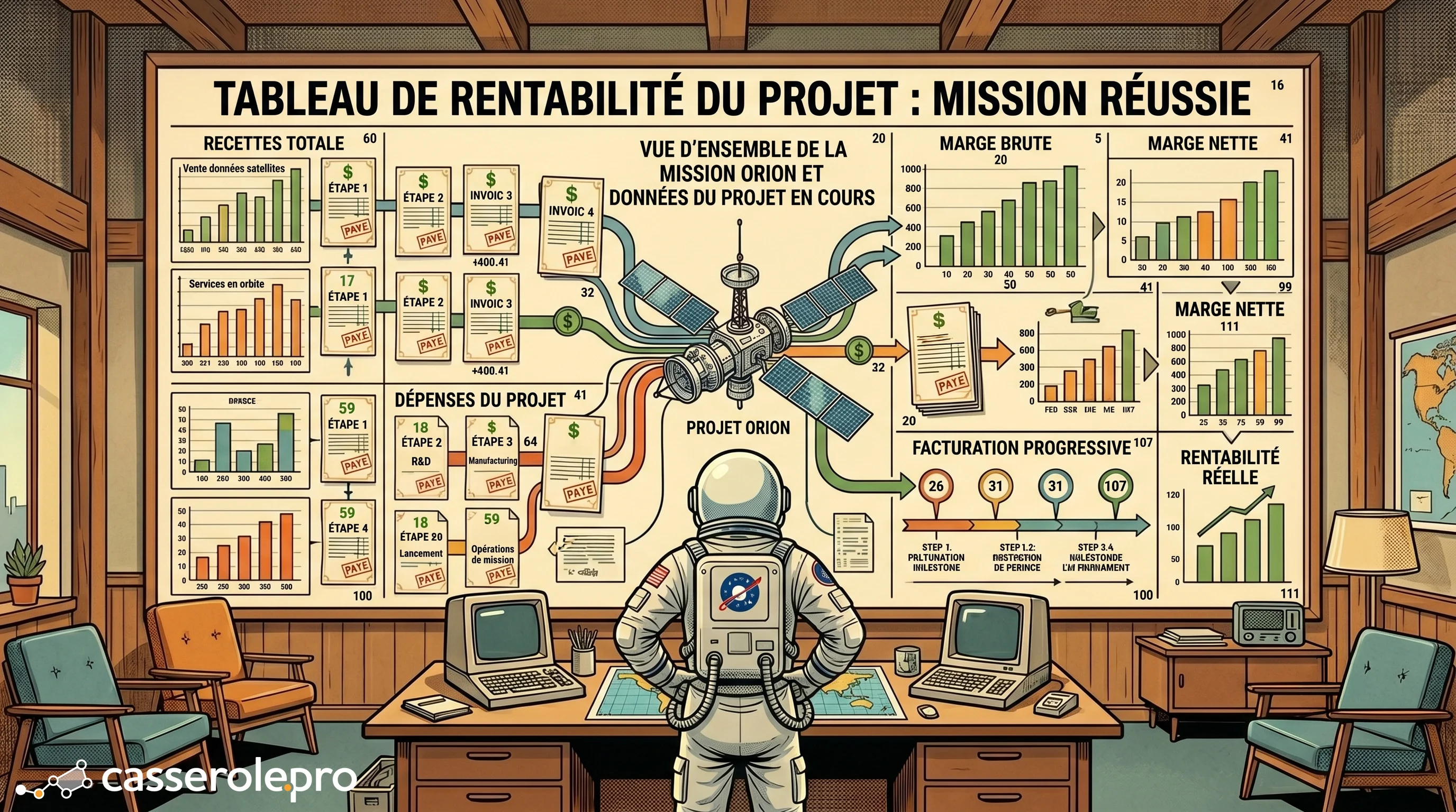 Astronaute analysant un tableau de rentabilité de projet avec un système de facturation progressive