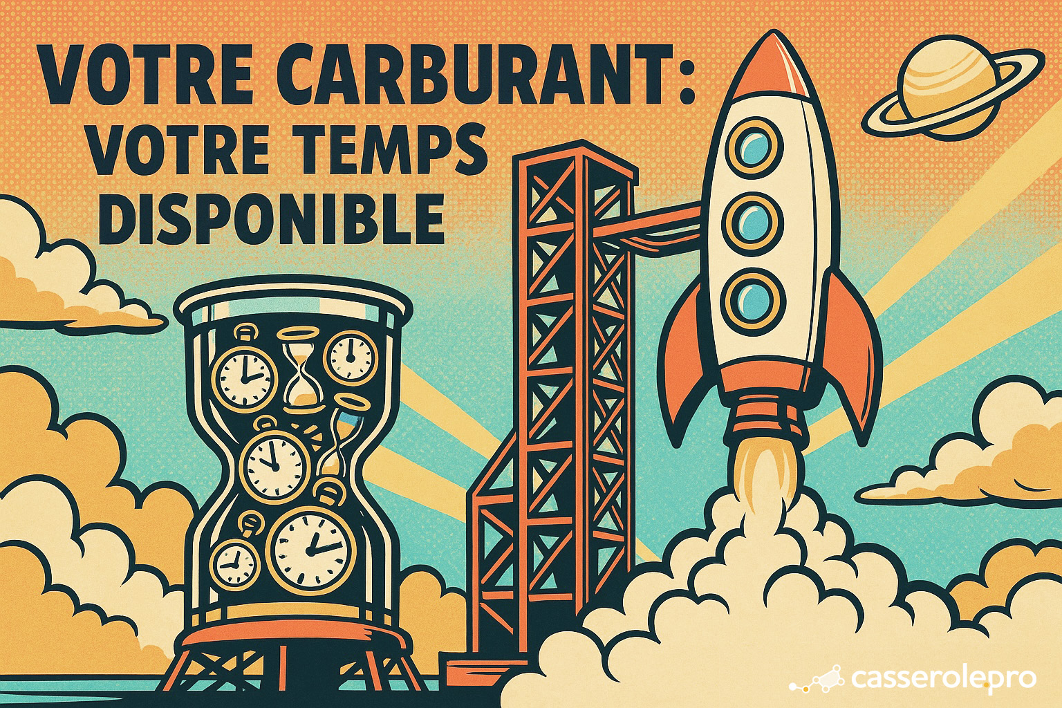 Sablier rempli de montres et de sabliers — votre temps est votre carburant pour réussir vos projets avec Casserole.pro.