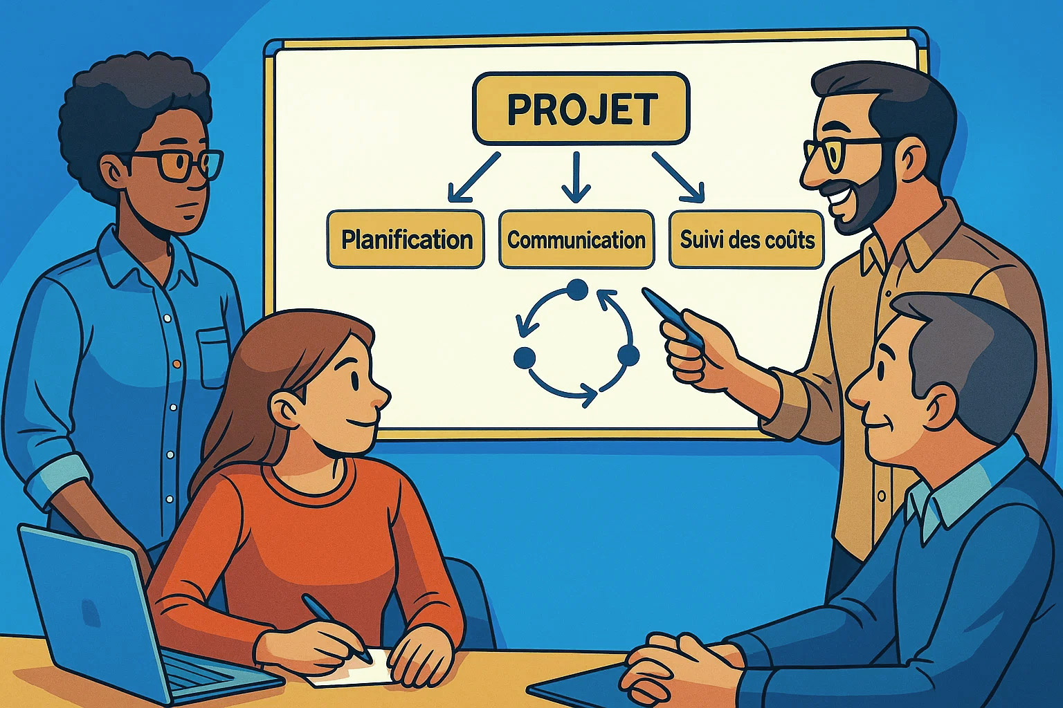 Équipe en réunion devant un tableau expliquant les trois piliers de la gestion de projet : planification, communication, suivi des coûts.
